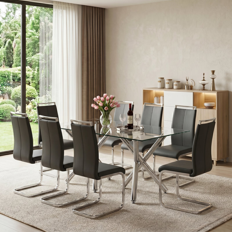 Modern 2 and 8 Piece Faux Leather Dining Chairs with Gold and Silver Base, Dark Gray, Silver, 8