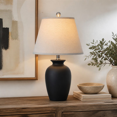 21.5'' Black Bedside Ceramic Table Lamp with Linen Shade, LED Bulb, and Rotary Switch