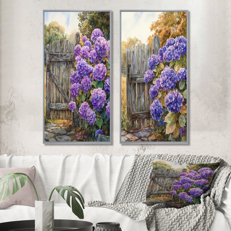 Hortensias d'été par The Farm Fence I - impressions sur toile florales 2 panneaux, H 40 po x l 41 po, Encadrement argenté