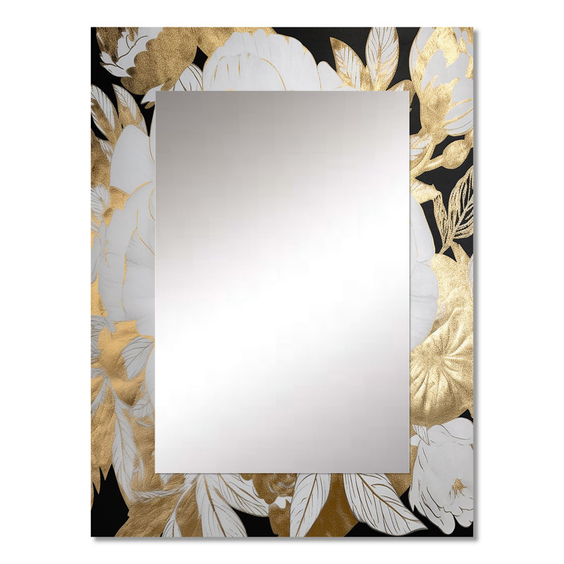 Exquisite White Rose Blooming Floral Gold Glam III - Rose Unique Wall Mirror Decor, Traditional Large Mirror, Printed Metal Art