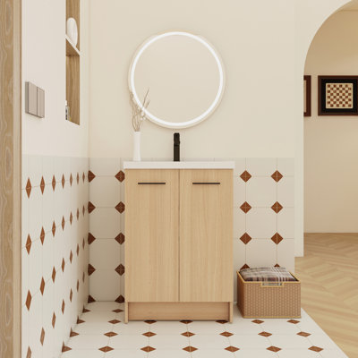 Meuble-lavabo autoportant avec lavabo en résine et deux poignées