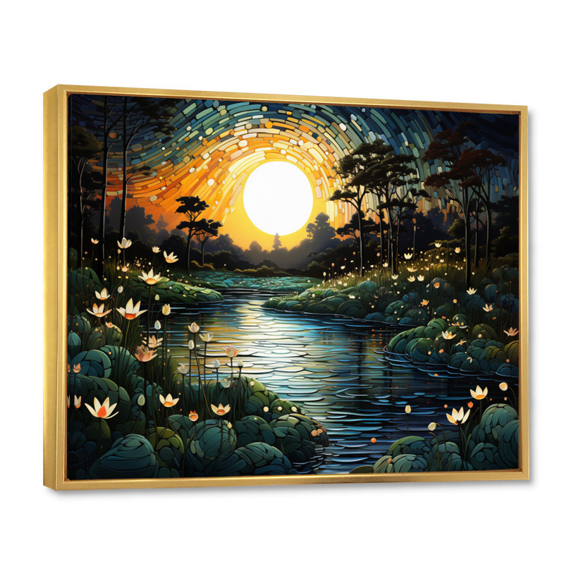 River Pointillism Charm At Night III, reproduction d'art sur toile, H 12 po x l 20 po x P 1 po, Cadre flottant doré