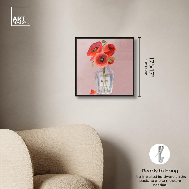Art mural Glam Poppy Eau Florale, Cadre noir, H 13 po x l 13 po