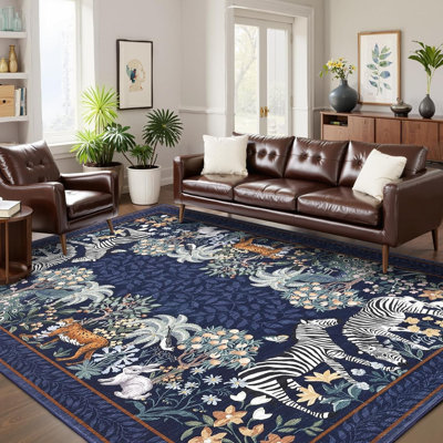 Zebra Teal Washable Rugs 9X12 For Living Room Vintage Jungle Woodland Forest Safari Animal Print Rug Low Pile Botanical Kids Rugs For Playroom Kitchen Nursery Room