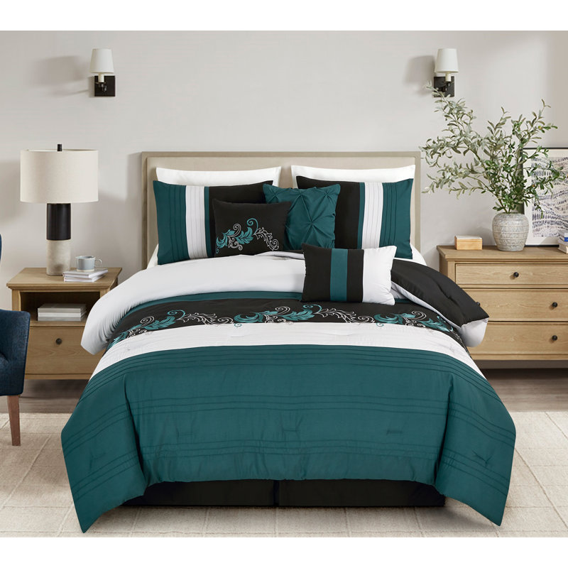 Floral Embroidered Microfiber 7 Piece Comforter Set, California King Comforter + 6 Additional Pieces, Teal/Black/Gray