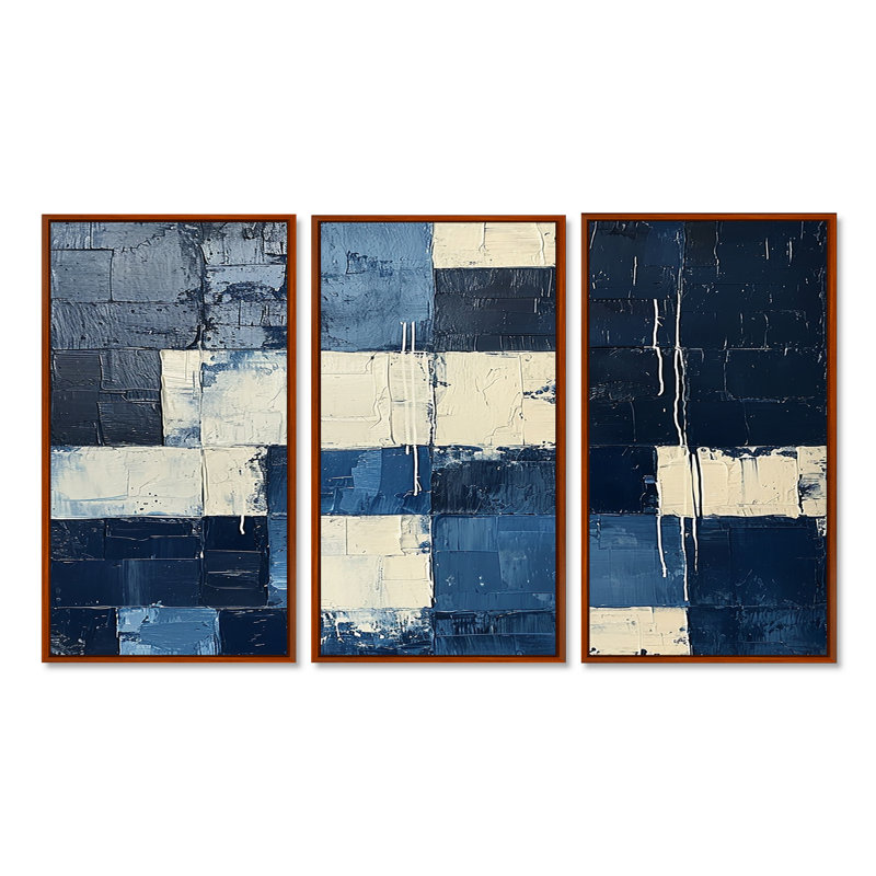 Cubiste carré bleu royal et blanc - ensemble de décorations murales abstraites, Cadre flottant brun
