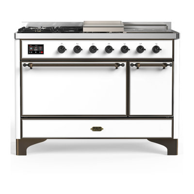 Majestic III Series 48 Inch Dual Fuel Range with 5 Sealed Burners, Griddle, Frenchtop in White (Liquid Propane, Burnished Trim)