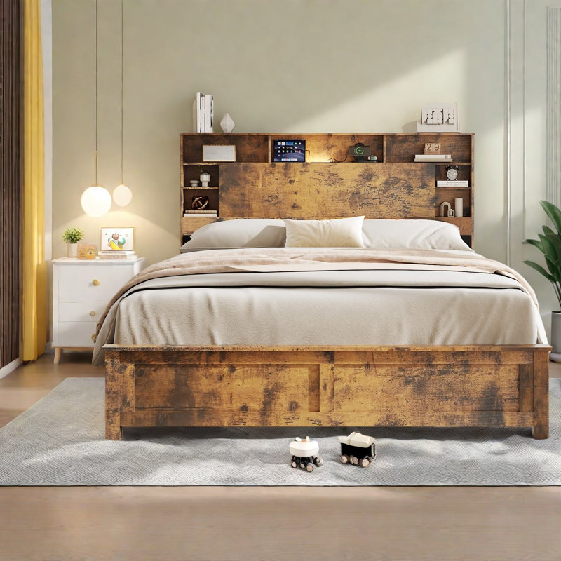 Lits pour grand lit peu encombrants avec rangement moderne, structure en bois foncé