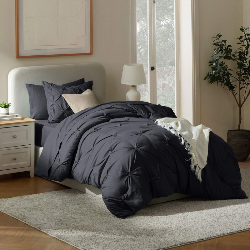 Ensemble d'édredon plissé avec draps Bed-in-a-Bag, Noir, Édredon simple très long + 4 pièces supplément