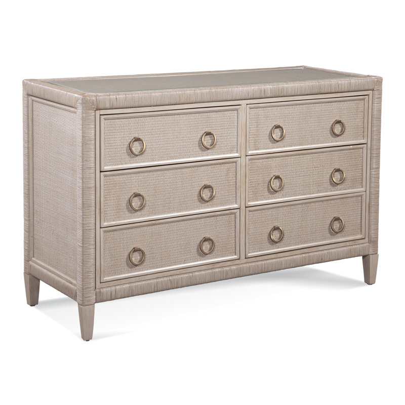 Warwick 6-Drawer Wicker Dresser, Antique Frost White, Satin Nickel