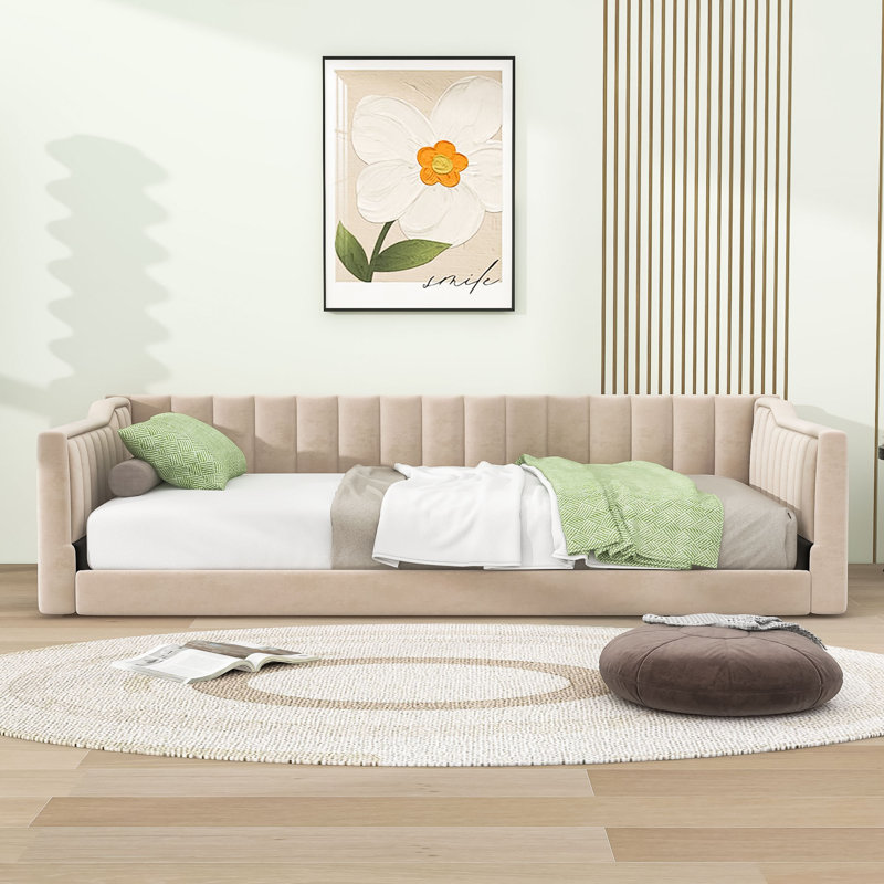  Upholstered Daybed with Slats and Side Storage Pocket, Beige, Extra-Long Twin