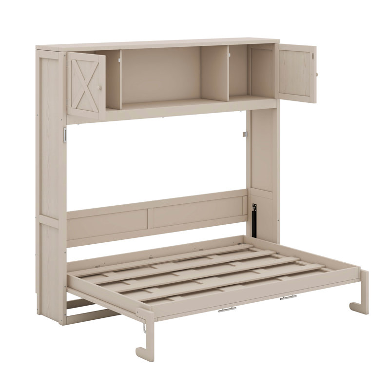 Grand lit escamotable avec armoires de rangement, Beige