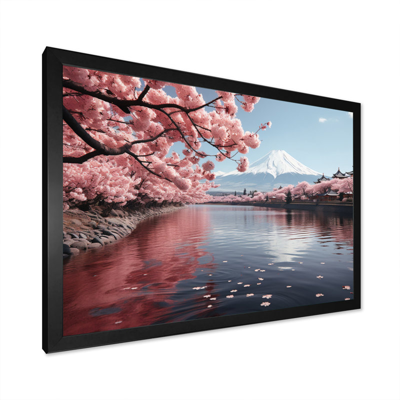 Japon Art Pink Mount Fuji V - Japan Art Canvas Prints, H 30 po x l 40 po x P 1,5 po, Cadre simple noir