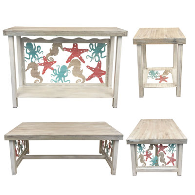ISLAND UNDERWATER SCENE TABLE SET.  1- Rectangle Sofa Table, 1- Rectangle Coffee Table, 2- Square Iron End Tables