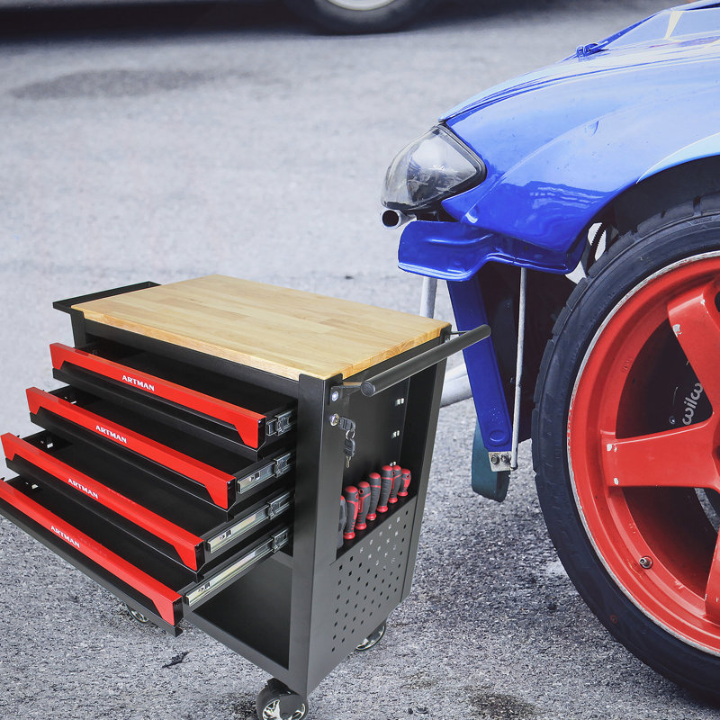 Chariot à outils multifonctionnel à 4 tiroirs avec roulettes et plateau en bois