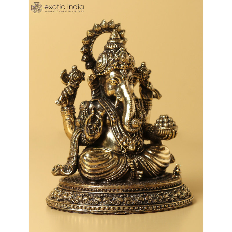 Small Brass Superfine Lord Ganapati Idol - Handcrafted Traditional Indian Religious Statue 4.5"H x 3.75"W Hindu Spiritual Home Decor