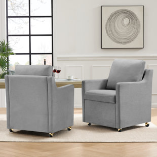 27" Wide Country Farmhouse Linen Upholstered ?Fabric Dining Chair With Casters(Set Of 2)