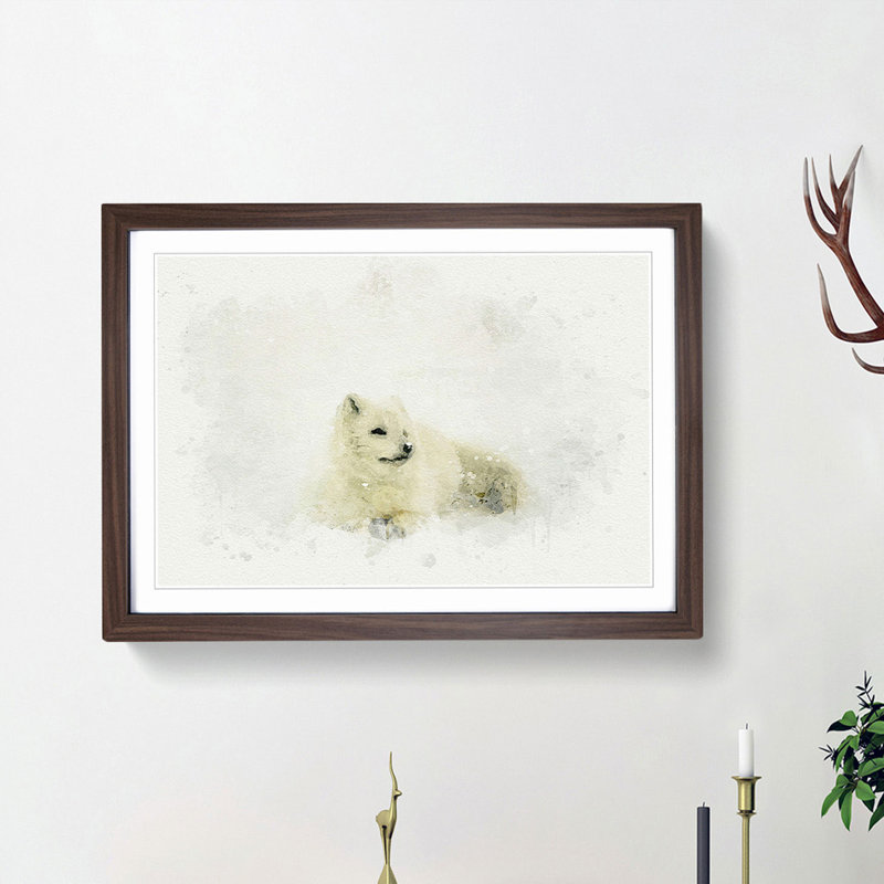 Resting Arctic Fox in Abstract - Picture Frame Graphic Art Print, Walnut Framed, 27cm H x 36cm W x 2cm D