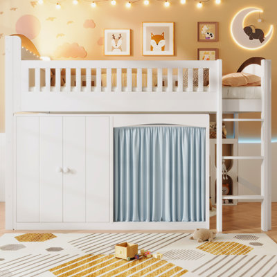 Twin Size Loft Bed with Storage Cabinet, Wardrobe and LED, White and Espresso