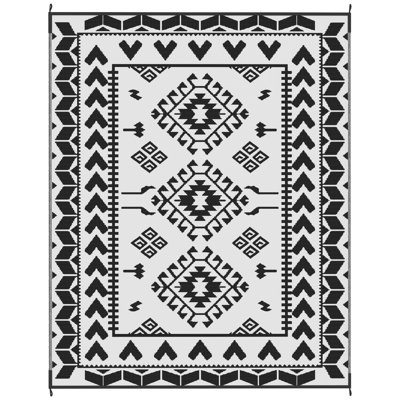 Tapis d'extérieur réversible, L 120,1 po x l 95,7 po, polypropylène, 1 pièce, tapis imperméable, patchwork losange noir et blanc, avec sac de transport