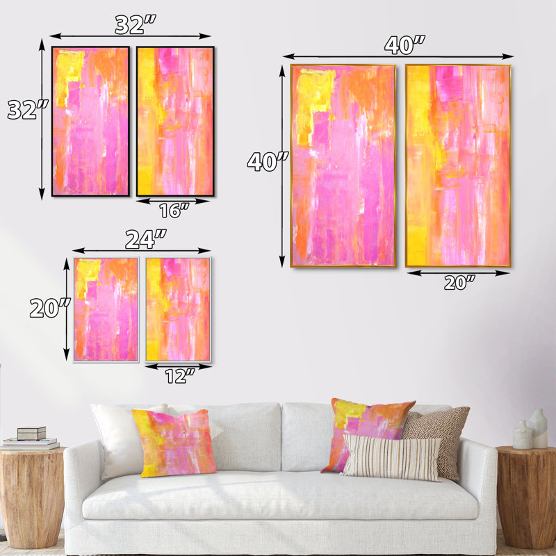 Ensemble de 2 peintures sur toile - Abstrait jaune et rose, H 32 po x l 32 po x P 1 po, Cadre flottant noir