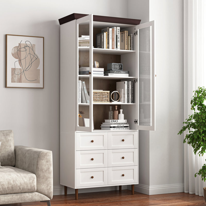 Armoire de rangement en MDF blanc, grands placards de cuisine avec portes en verre et tablettes réglables, armoire de rangement autoportante pour la cuisine, le salon