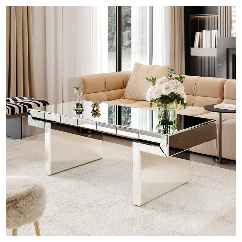 Table basse de luxe rectangulaire à miroir avec plateau en verre cannelé - Console moderne argentée Glam pour le salon