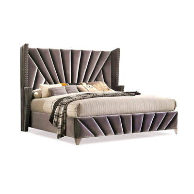Chambre à coucher Tête de lit à oreilles 1pc Grand lit Meubles en tissu gris rembourré