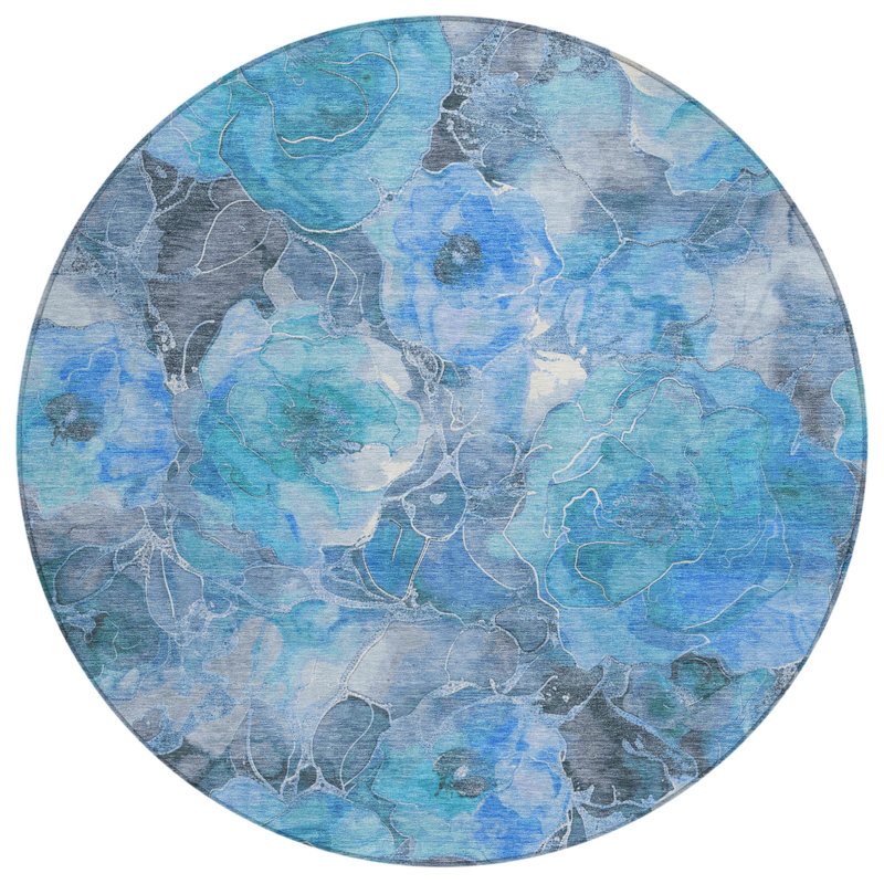 Tapis bleu intérieur / extérieur lavable à la machine Xhevrie, Rond 8 pi