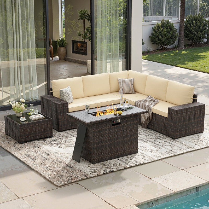 Outdoor Wicker Sectional Conversation Set With Wide Armrest, Cream