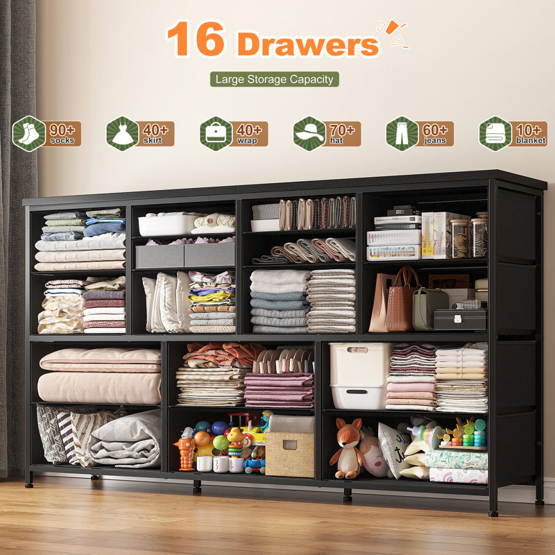 51.1" Wide 16-Drawer Dresser with Charging Station for Bedroom & 60" TV Stand,Black, Black