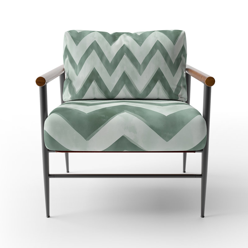 Chaise d'appoint moderne - fauteuil vert et blanc à chevrons vert sauge, Bras ronds bruns
