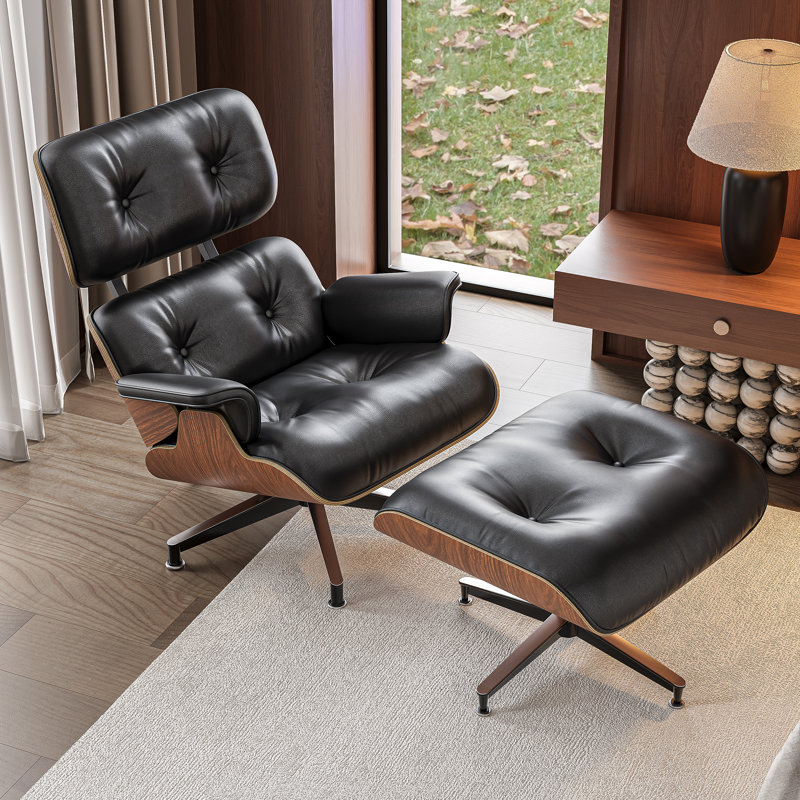 Fauteuil inclinable Mid-Century en cuir véritable avec repose-pieds en bois massif