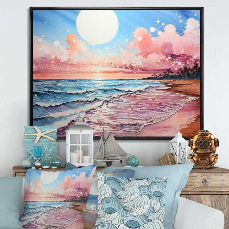 Paysage de plage pêche - impression, H 34 po x l 44 po x P 1,5 po, Cadre flottant noir