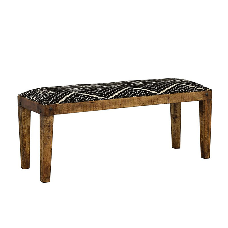 Élégant banc rembourré en noir et blanc pour la décoration intérieure en bois de manguier contemporain avec tissu