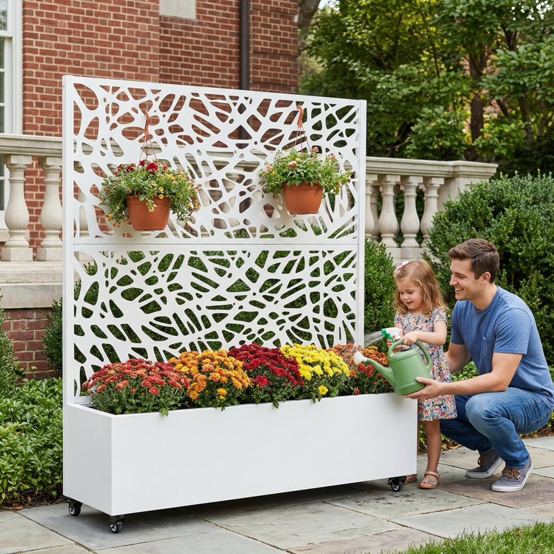 Boîte à fleurs en métal avec treillis et roues, H 47 po x l 47 po x P 16 po, White