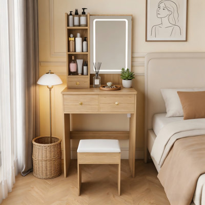 Petite coiffeuse avec miroir lumineux DEL tricolore et prise électrique, table de maquillage compacte avec 3 tiroirs, étagères ouvertes et support pour sèche-cheveux – Ensemble coiffeuse moderne avec tabouret