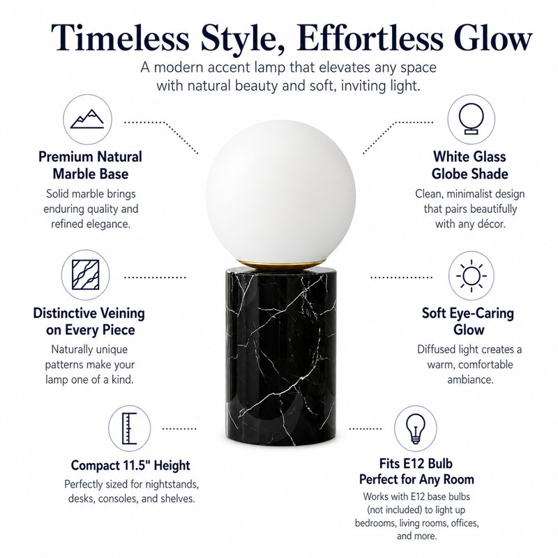 11.5" Modern Natural Black Marble Table Lamp with Milky Glass Globe Shade, Black