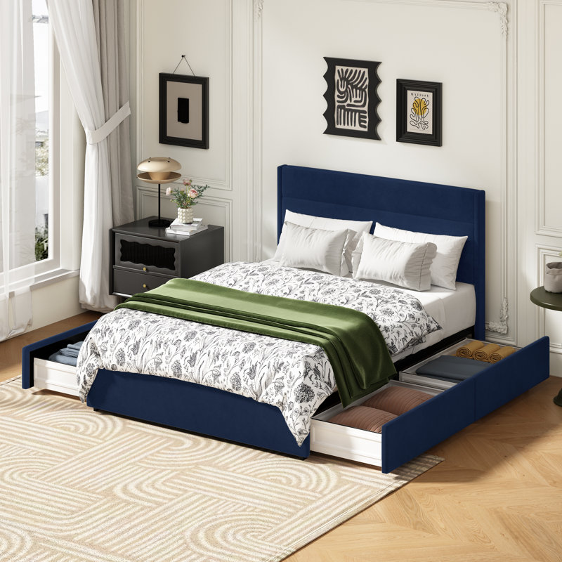 Brezzy Upholstered Storage Bed with Wingback, Full, Blue Velvet