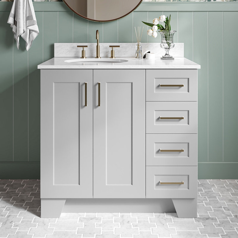 Meuble-lavabo simple en bois massif 37 po gris Freitas avec plateau en marbre de Carrare 0,75 po, évier gauche, lavabo ovale
