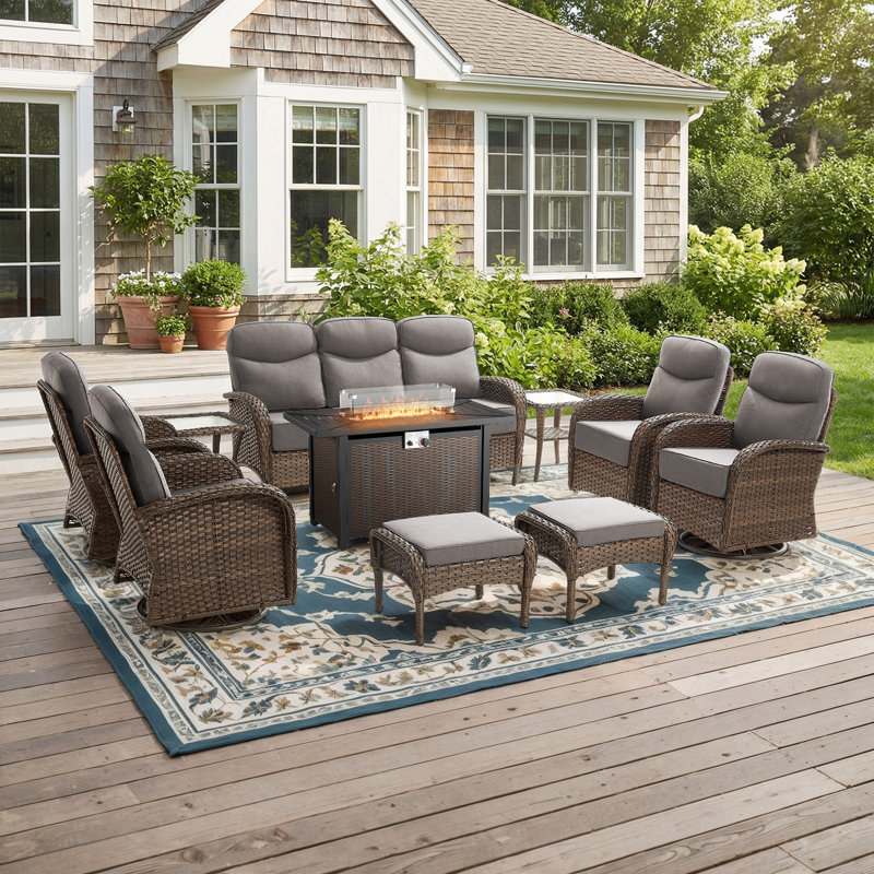 Himonia 10-Piece Outdoor Patio Furniture Set With Rectangle Metal Fire Pit Table, Rattan Wicker Swivel Gliders Set With 6" Thick Cushions