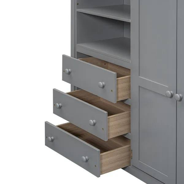 Lit mezzanine double en bois avec garde-robe intégrée, bureau, tablettes de rangement et tiroirs, gris