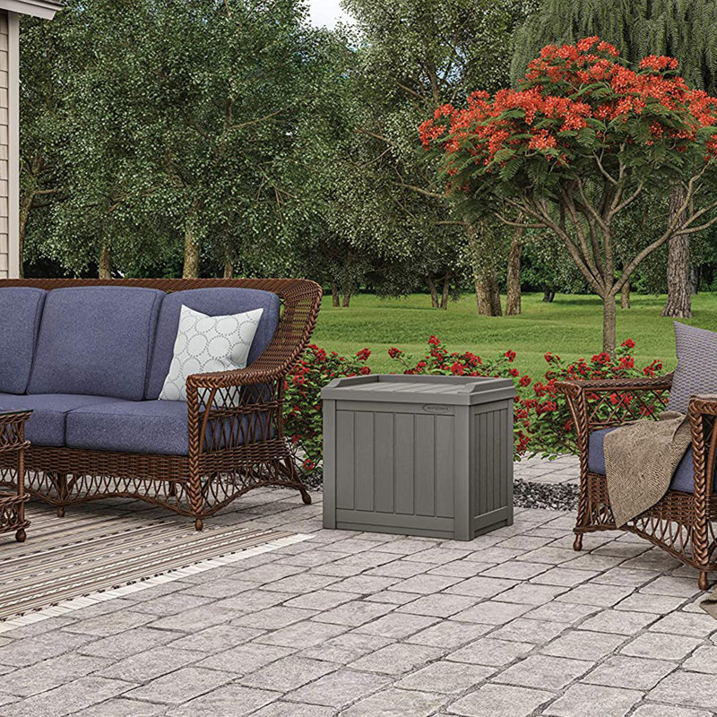 Suncast 22 Gallon Water Resistant Deck Box with Storage Seat, Stoney, 1