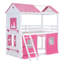 Lit simple superposé en bois avec fenêtres élégantes, rebords et tente, rose et blanc