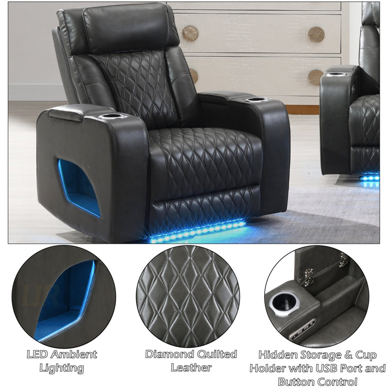 Fauteuil inclinable électrique en cuir synthétique Taddeo avec appui-tête, USB, recharge sans fil et éclairage DEL
