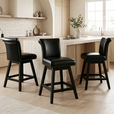  Drury Swivel Bar Stools Set Of 3, 26" Pu Leather Modern Counter Height Upholstered Pub Chairs With Solid Wood Legs & High Back For Kitchen Island, Black