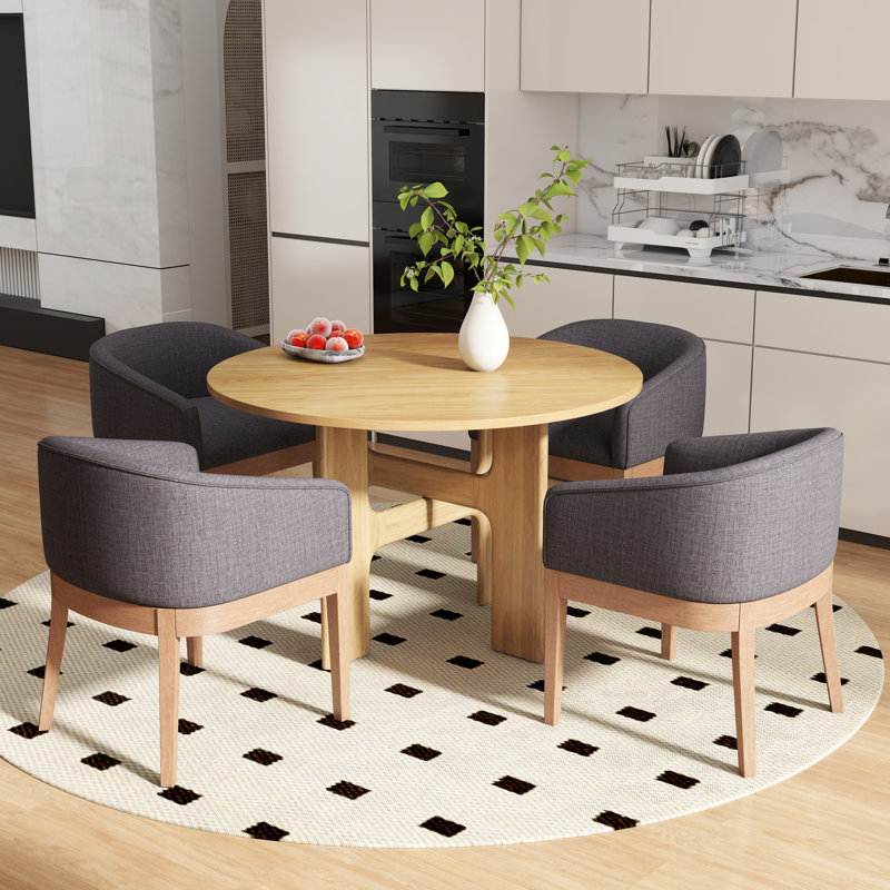 Modern Farmhouse 5-Piece Round Dining Set - Solid Wood Table With X-Base & Upholstered Bucket Chairs, Natural, Charcoal/Brown