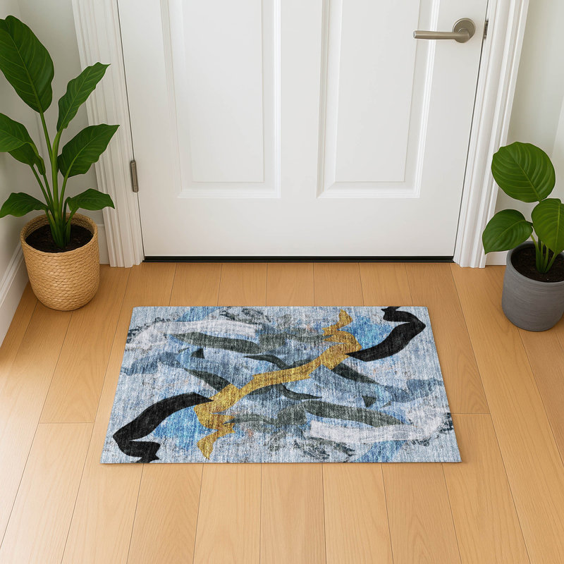 Premium Machine Washable Mayfield AMF2191 abstract Rug, Denim, 1'8" x 2'6"