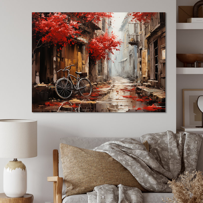Crimson Ride Red Flowers I - Art mural de bicyclette pour le salon, Toile tendue, H 12 po x l 20 po x P 1 po