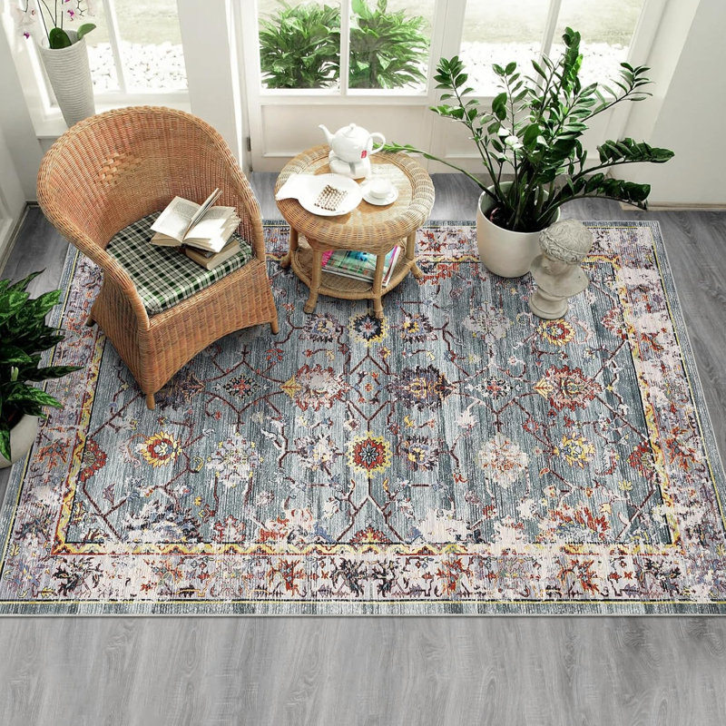 Vintage Floral 5×7 Area Rug, Green and Red Washable Distressed Foldable Low Pile Soft Non-Slip Rug, Non-Shedding Stain Resistant Floor Cover for Living Room, Bedroom,Playroom